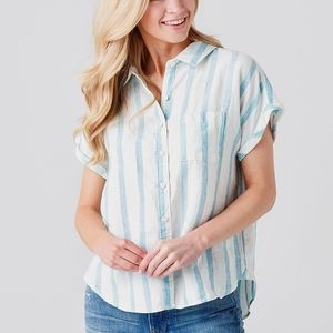 Blue and White Striped 100% Linen Dolman Short Sleeve Avery Button Up by Faherty